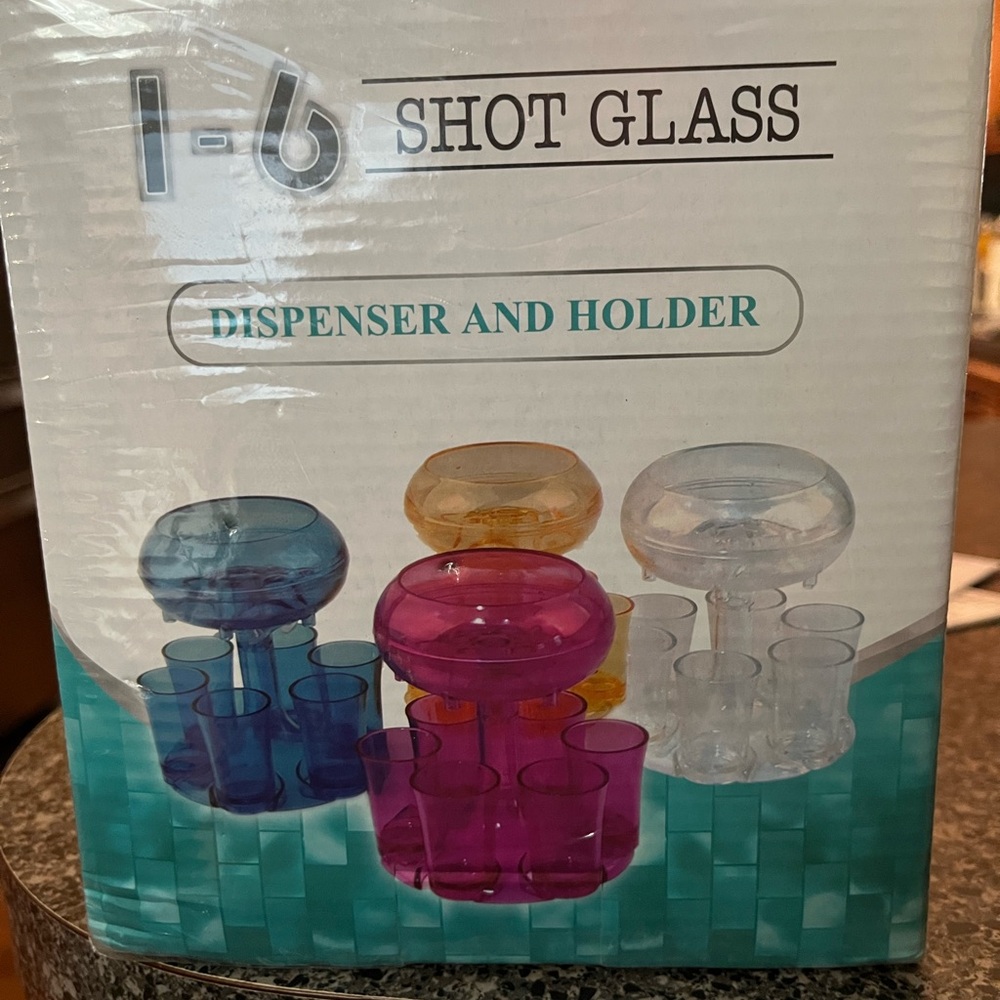 Colorful Shot Glass Dispenser and Holder Set with brush. Unopened box.